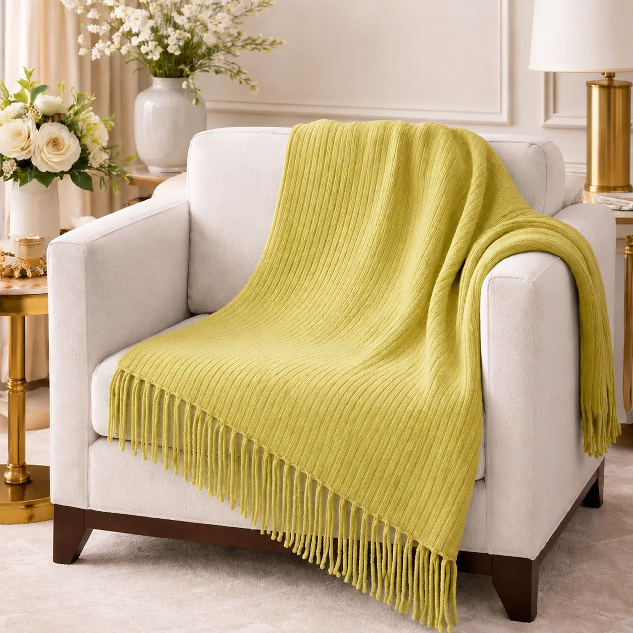 Faux Cashmere Soft Ribbed 50"x60" Throw Blanket - Lime Green