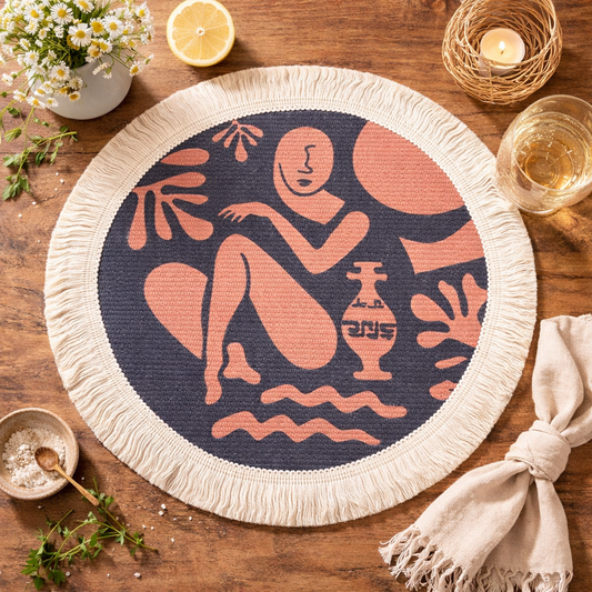 Clay and Blue Artsy Abstract Woven Fringe 13" Placemat