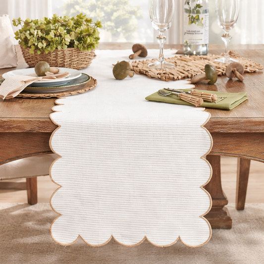 8122 - Natural Striped Scalloped 16"X72" Cotton Table Runner