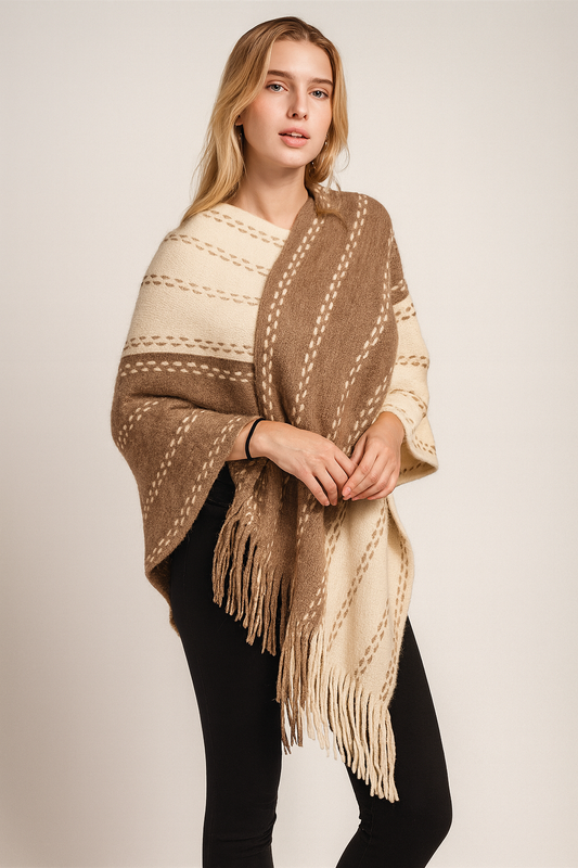 Two-Tone Asymmetrical Knitted Fringed Poncho Sweater