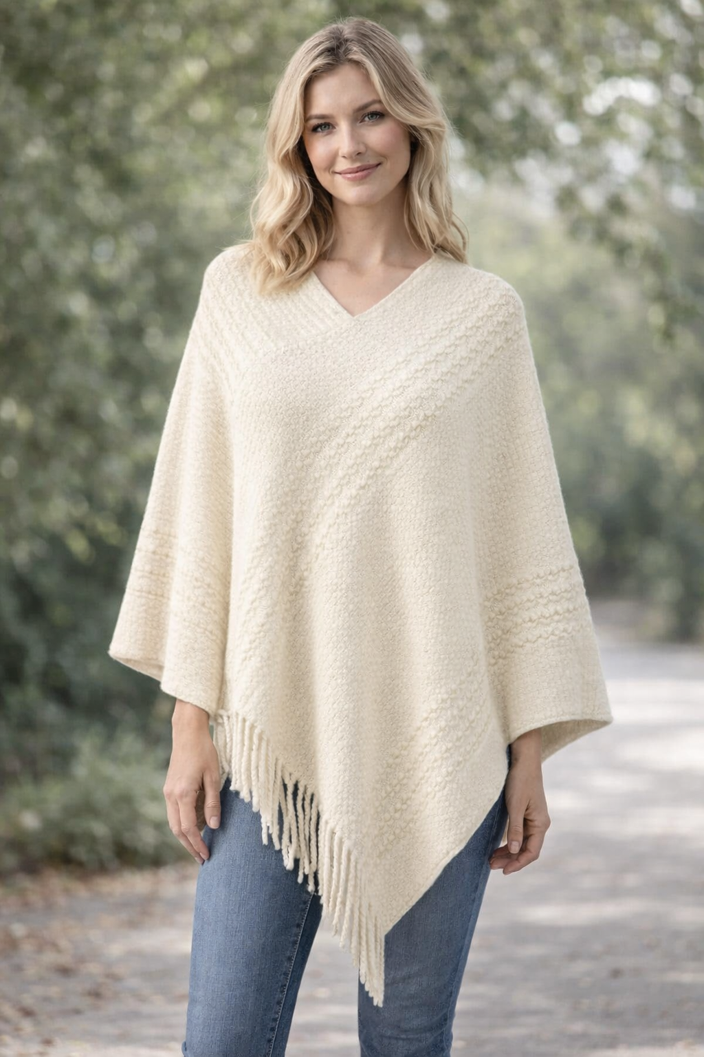 White Knit Striped V-Neck Fringe Poncho Pullover Sweater