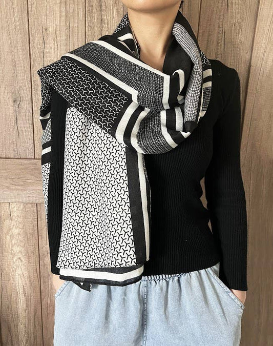 Black Multi Geometric Pattern Cotton-Wool Wrap Scarf