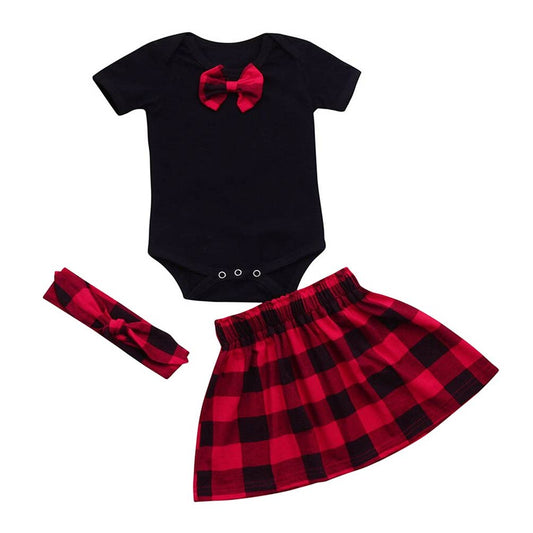Black-Red Plaid Bowtie 3pcs Baby Outfit