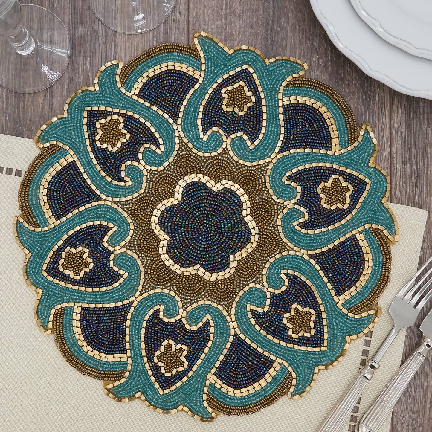 5817 - Deep Turquoise Beaded 14" Round Placemat