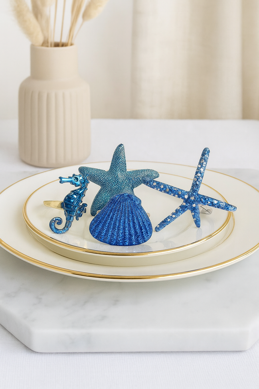 Blue Coastal Sea Creatures Silver Set of 4 Napkin Rings