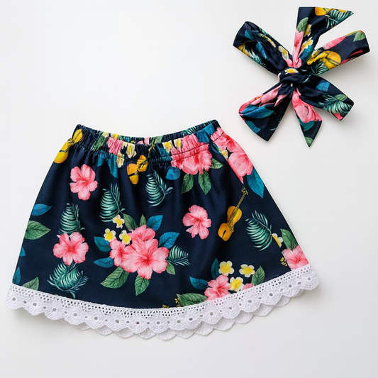 Navy Blue Floral Print Girl Skirt & Self-tie Headband