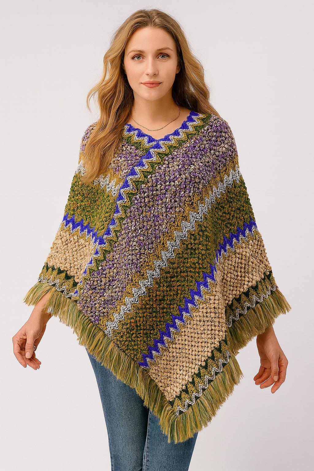 Green Striped Knit Tassel Pullover Poncho Sweater