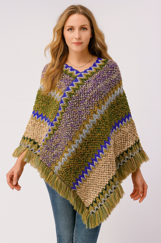 Green Striped Knit Tassel Pullover Poncho Sweater