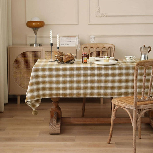 TBL0081 - Brown-Cream Plaid Cotton Holiday Tablecloth with Pom-Poms