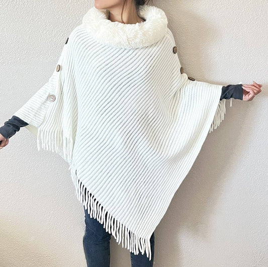 White Fur Collar Ribbed Knit Poncho with Fringe