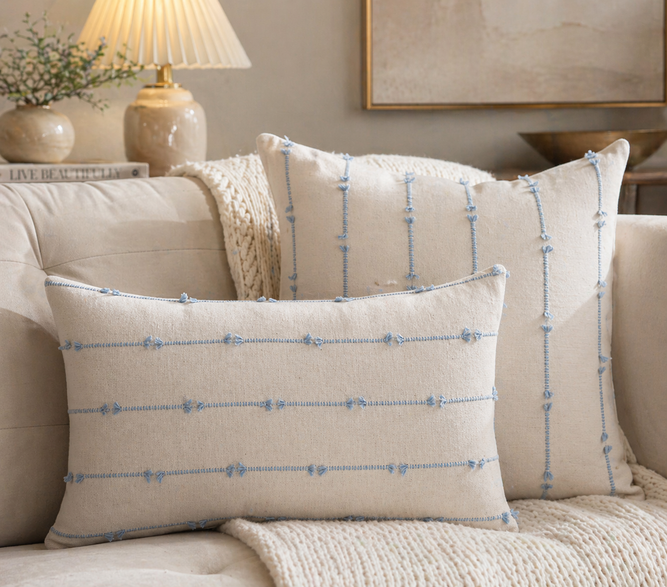 Sky Blue Striped Cream Throw Pillow