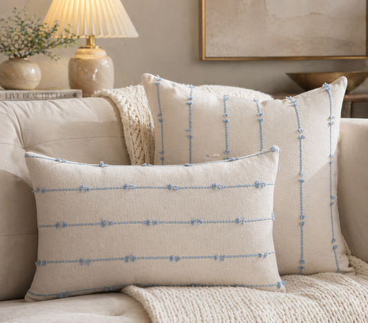 Sky Blue Striped Cream Throw Pillow