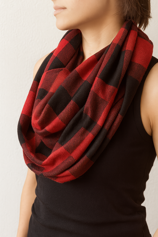 Red Black Plaid Infinity Scarf with Zipper Pocket