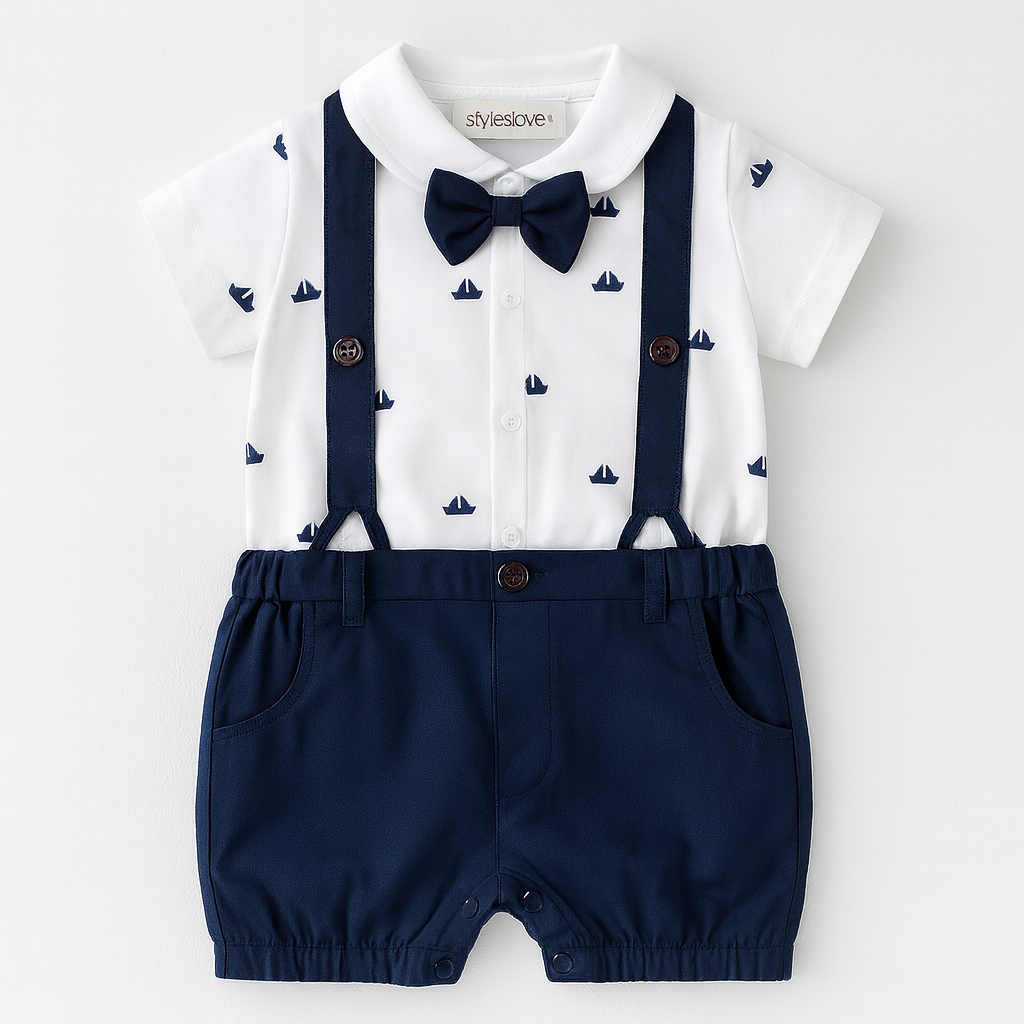 Navy Sailboats Cotton 3D Bowtie Tuxedo Baby Romper