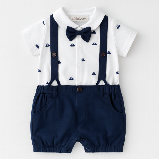 Navy Sailboats Cotton 3D Bowtie Tuxedo Baby Romper