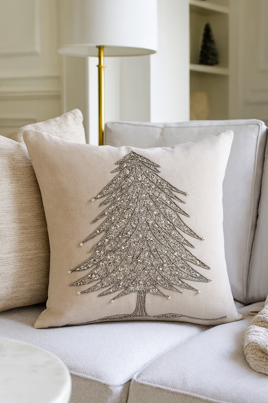 1025 - Silver Beaded Christmas Tree Down-Filled 18" Throw Pillow