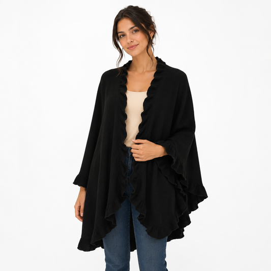 Black Trim Knit Open Front Warm Poncho Cape