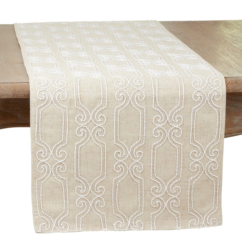 762 - Natural Embroidered Scroll 16"X70" Table Runner