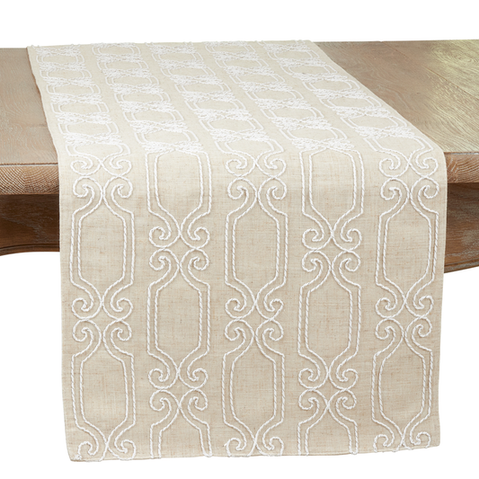 762 - Natural Embroidered Scroll 16"X70" Table Runner