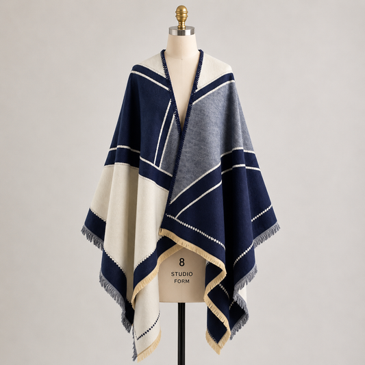 Navy & Ivory Cashmere-Feel Geometric Shawl Wrap Poncho