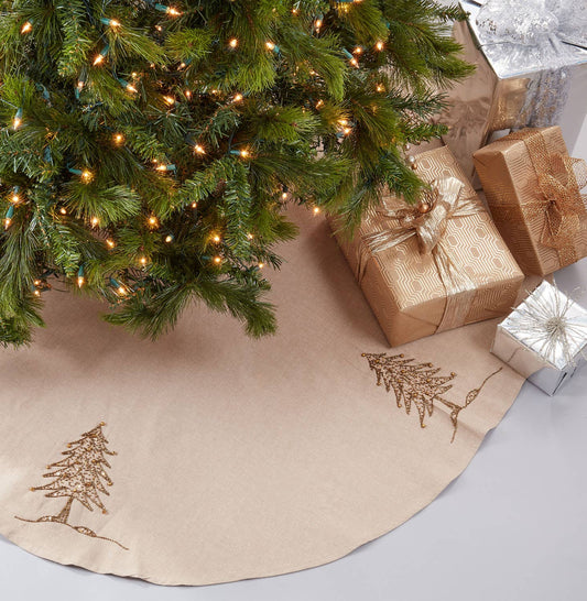 1025 - Gold Beaded Christmas Tree Design Cotton Natural Tree Skirt