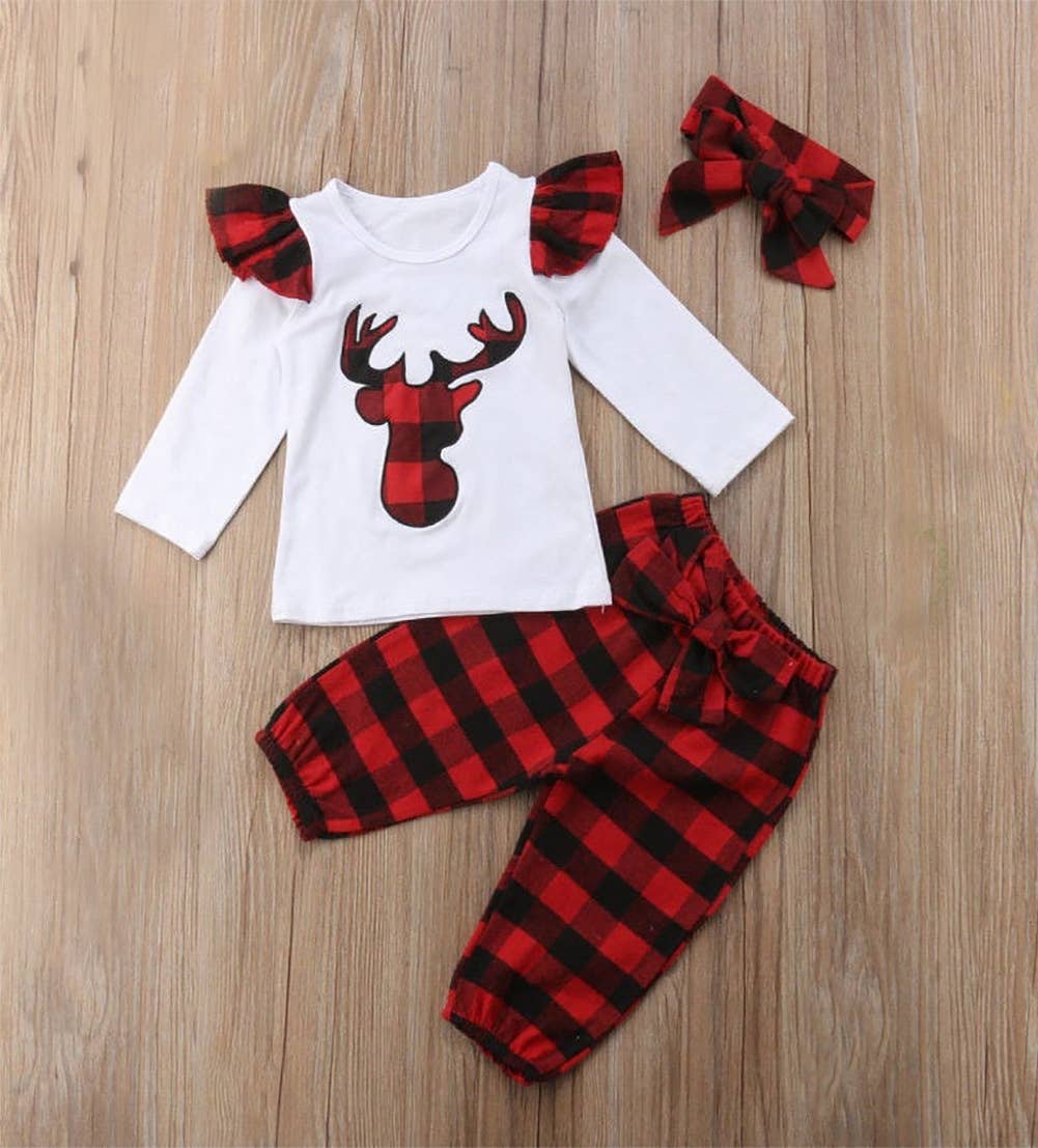Buffalo Plaid Reindeer Red-White 3pcs Baby Holiday Outfit