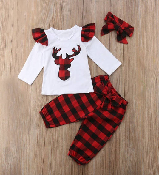 Buffalo Plaid Reindeer Red-White 3pcs Baby Holiday Outfit