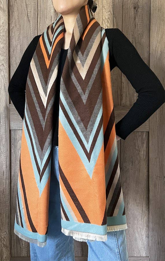Elegant Orange Multi Striped Cashmere Blend Large Wrap Scarf