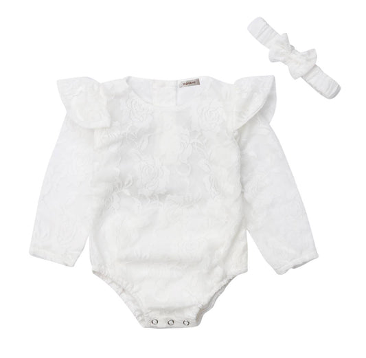 White Ruffled Baby Romper & Headband