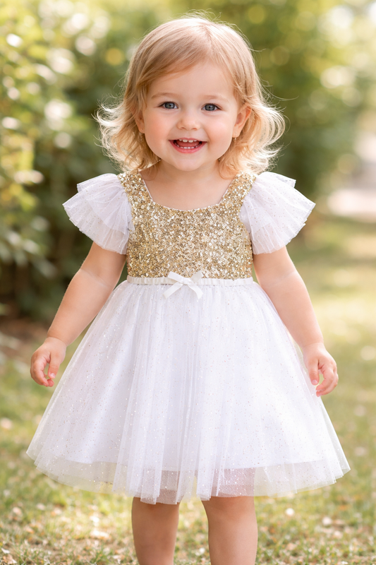 White Gold Sequin Toddler Girl Dress