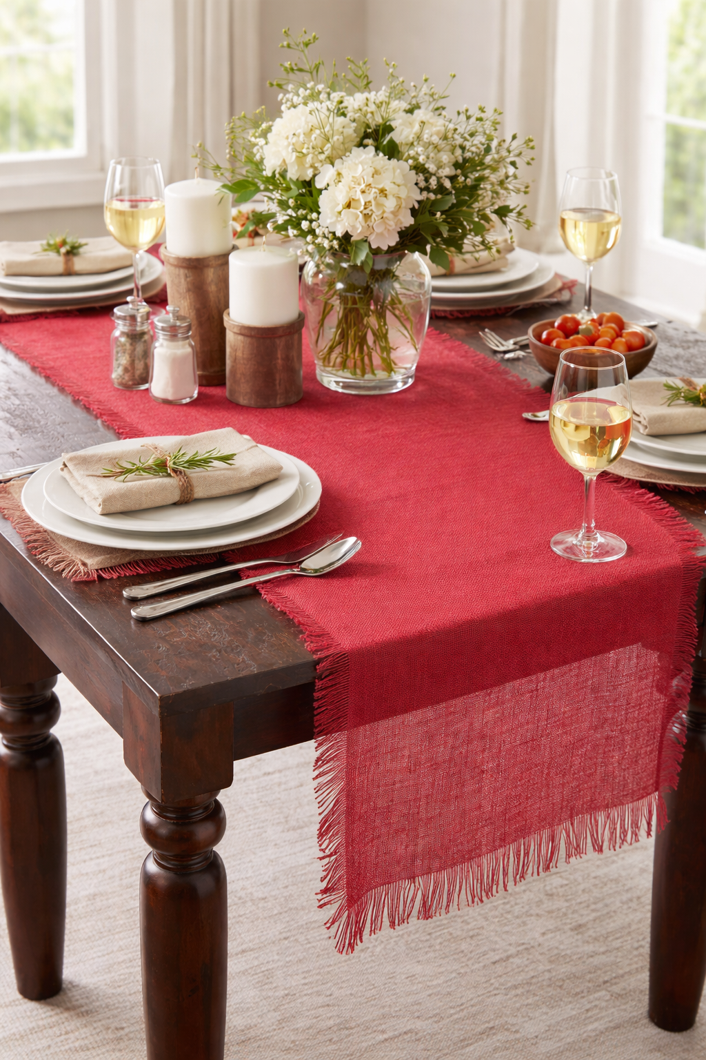 Red Fringed Jute Woven Table Runner