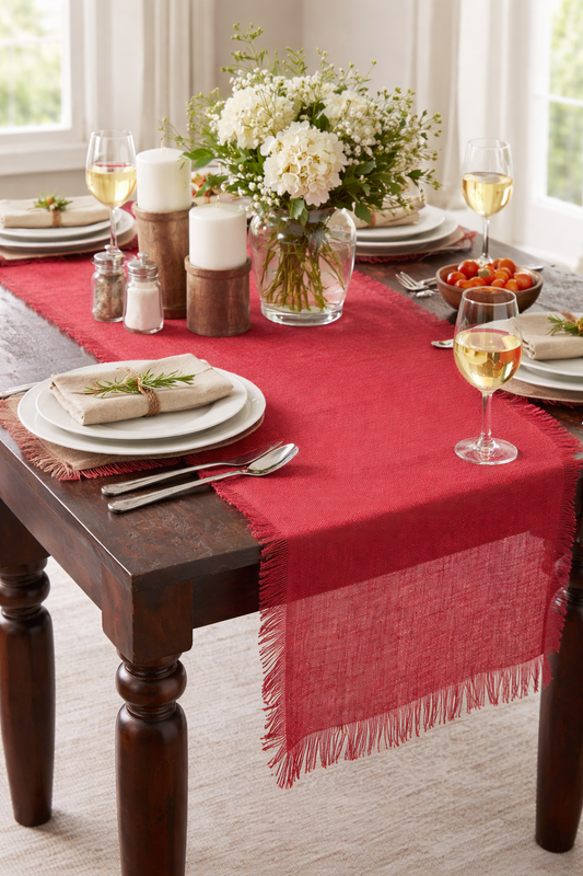 Red Fringed Jute Woven Table Runner