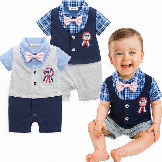 Grey 3D Bowtie Plaid Cotton Baby Romper