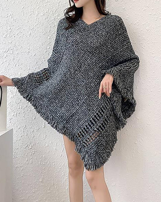 Navy Blue Two-Tone Knit Fringe Pullover Sweater Poncho