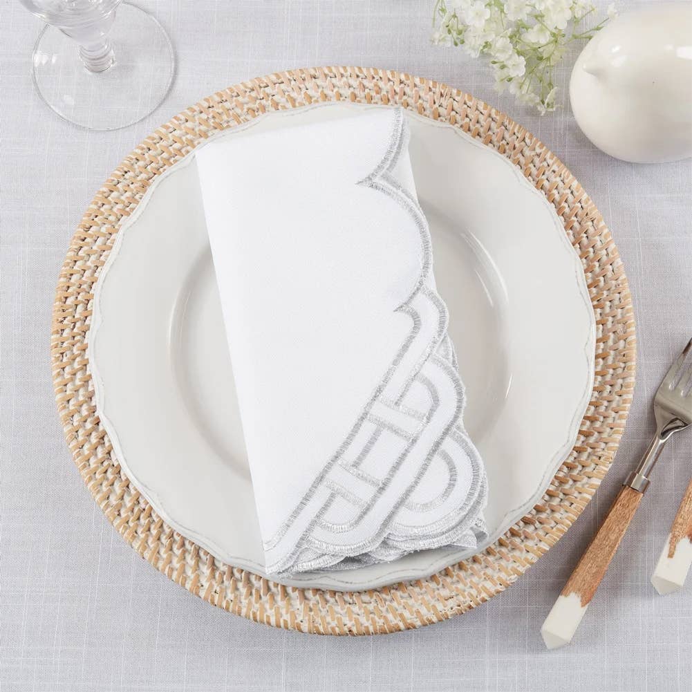 1729 - Silver Braid Embroidered 20" Cloth Dinner Napkin