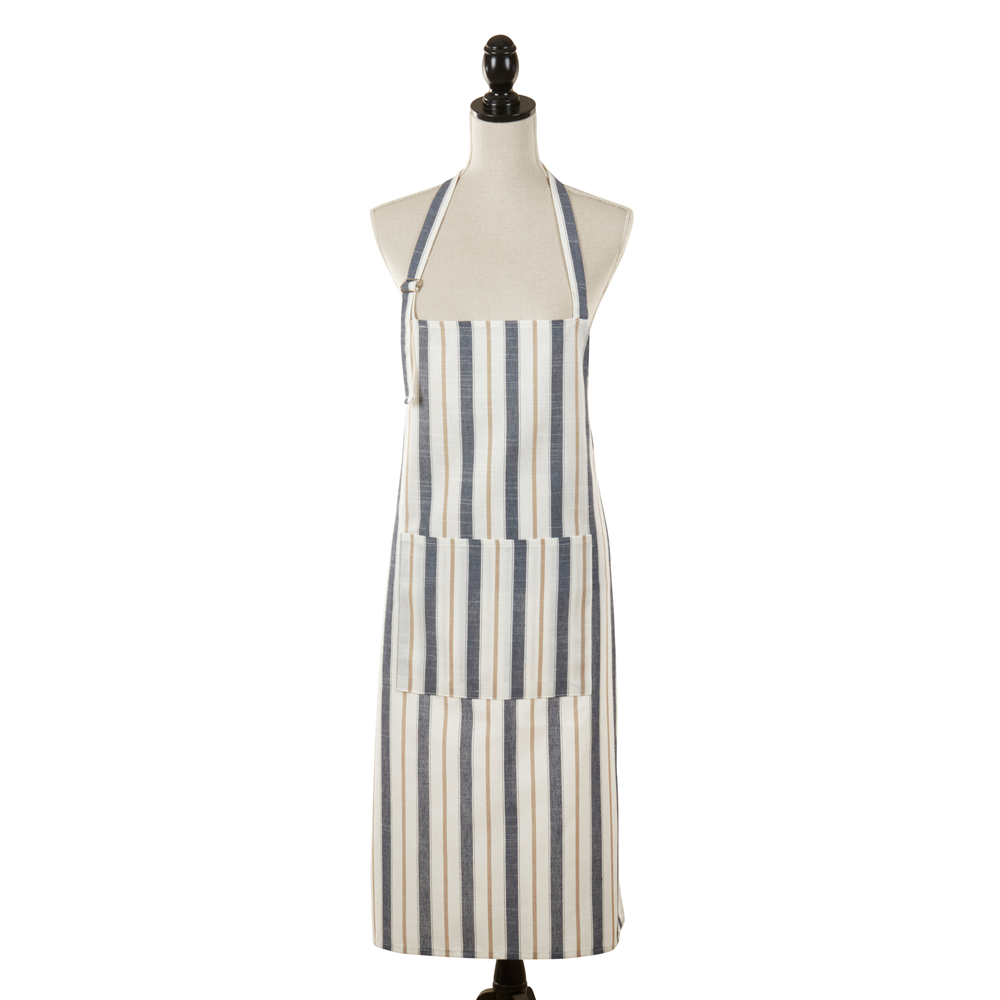 2090 - Blue Striped Linen Blend Large Front Pocket Apron
