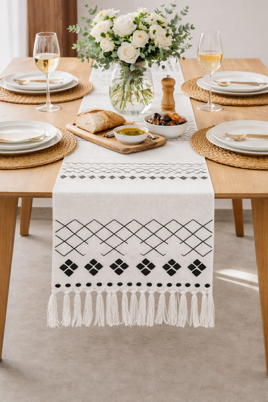 Boho Woven Geometric 14"x71" Table Runner