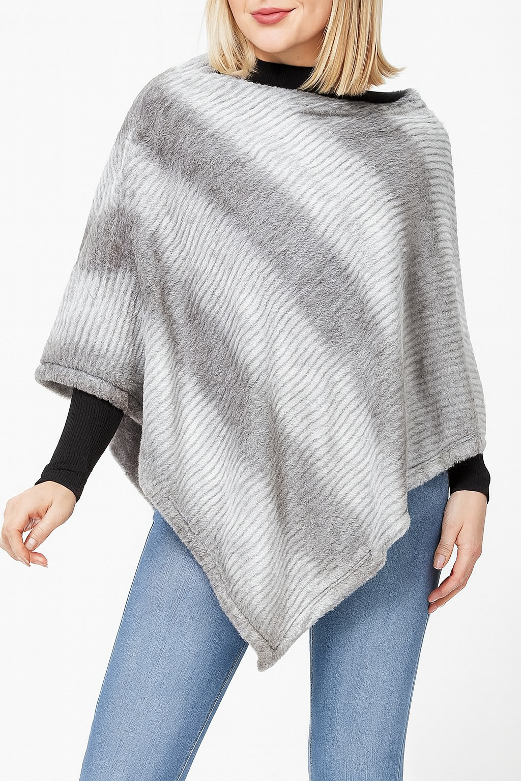 Grey Ombre Stripe Faux Fur Poncho Cape
