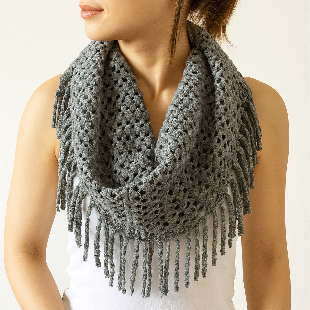 Grey Tube-Style Scarf with Fringe