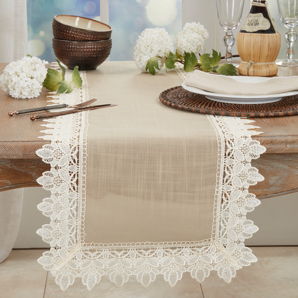 9212 - Ivory Lace Trimmed Taupe Table Runner