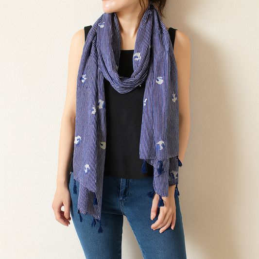 Navy Blue Floral Stripe Wrap Scarf with Tassels
