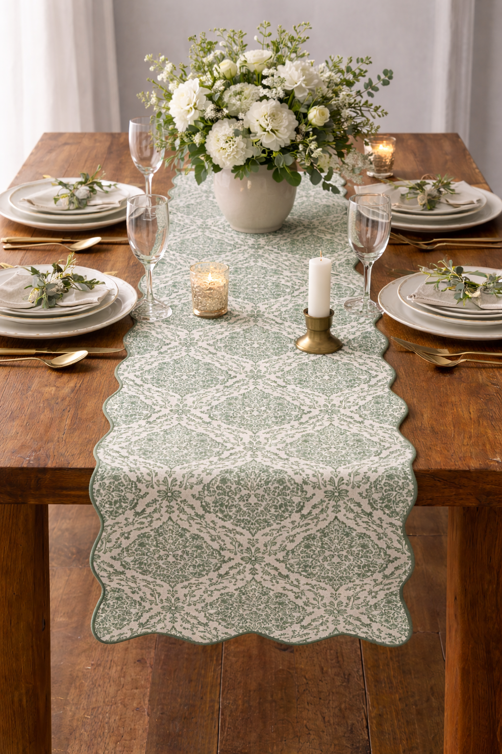 Sage Damask Scalloped 14"x71" Table Runner
