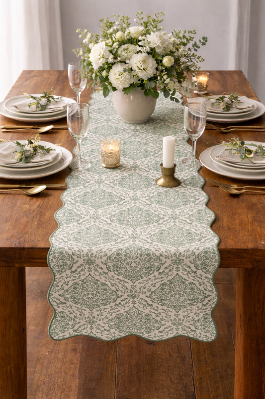 Sage Damask Scalloped 14"x71" Table Runner
