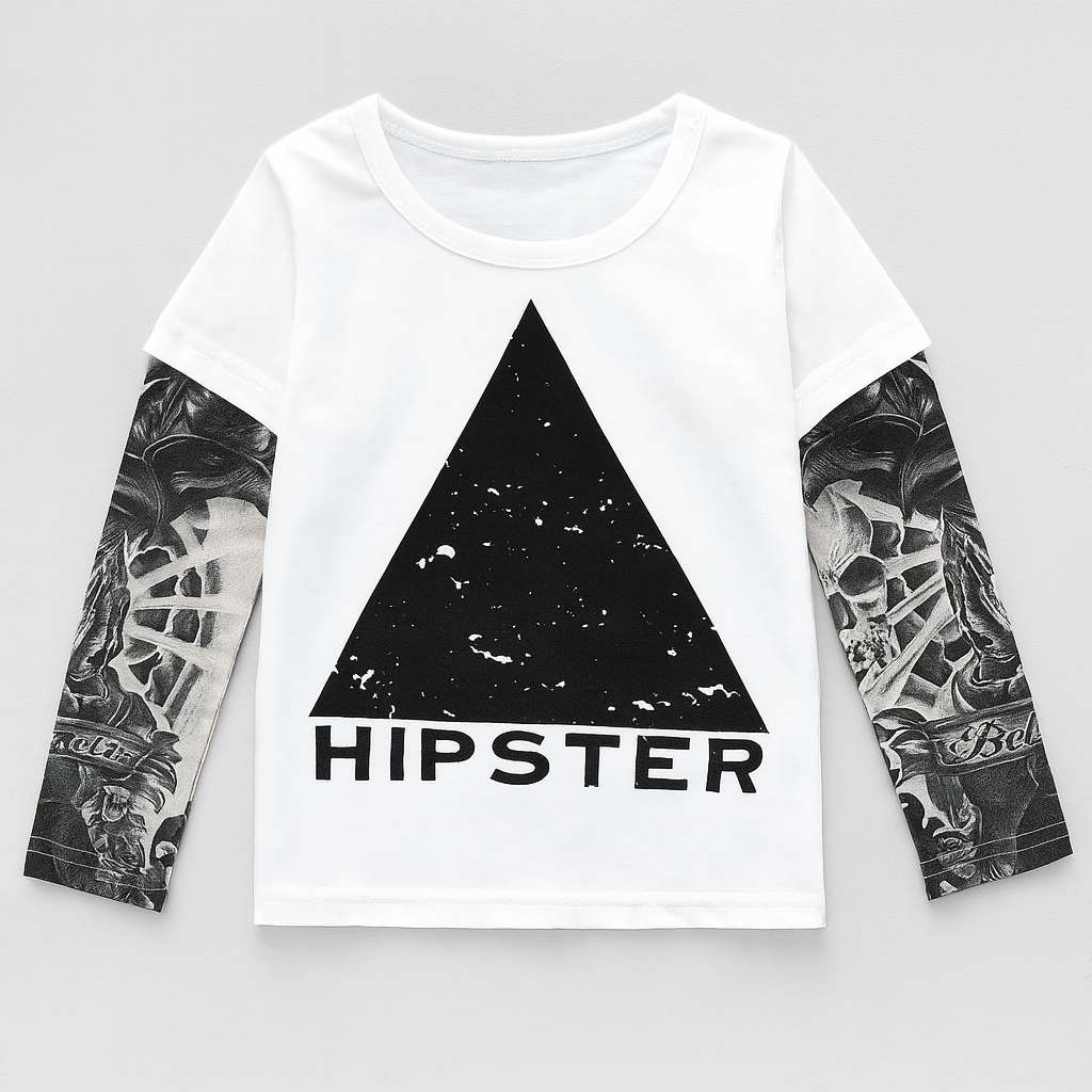 White “HIPSTER” Tattoo Sleeve Unisex Kids T-Shirt