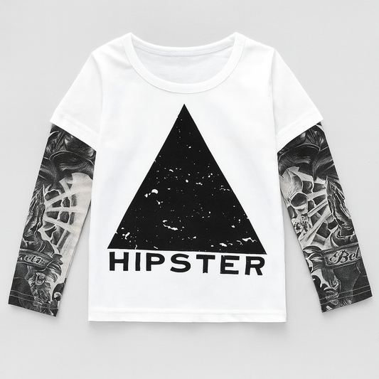 White “HIPSTER” Tattoo Sleeve Unisex Kids T-Shirt