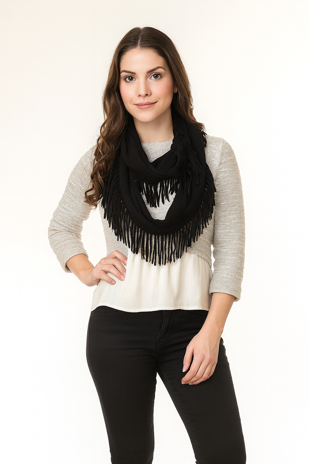 Black Knit Fringe Infinity Scarf