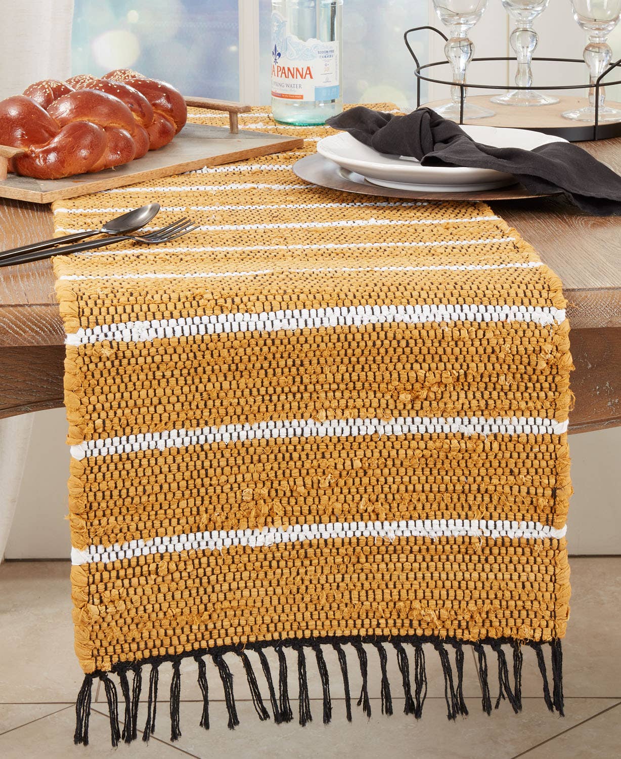 576 - Mustard Striped Chindi Cotton 16X72 Table Runner