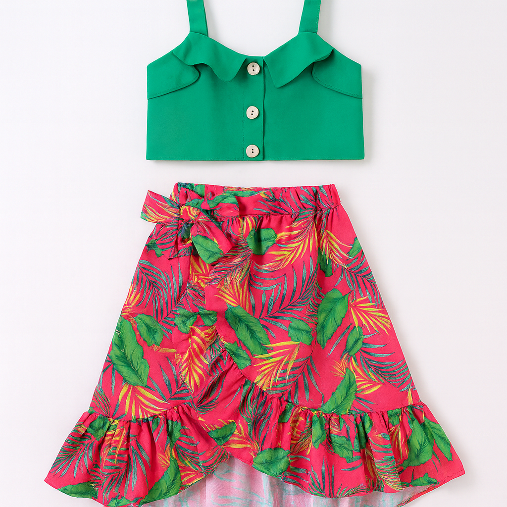 Tropical Green Toddler Girl Ruffled Crop Top & Skirt