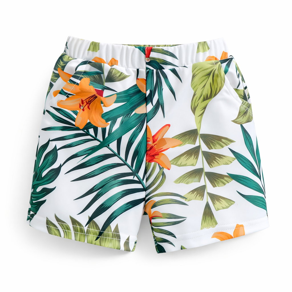 Tropical Leaf Print Boys' Swim Trunks