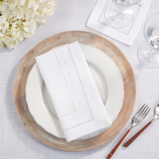 6648 - Embroidered & Hemstitched Swiss Dots White Cloth Napkin